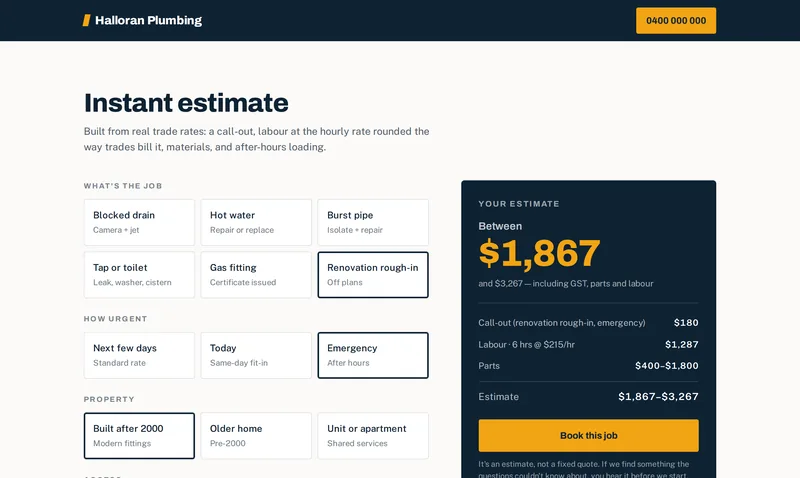 Halloran's estimator showing a priced renovation call-out, broken into call-out, labour hours and parts