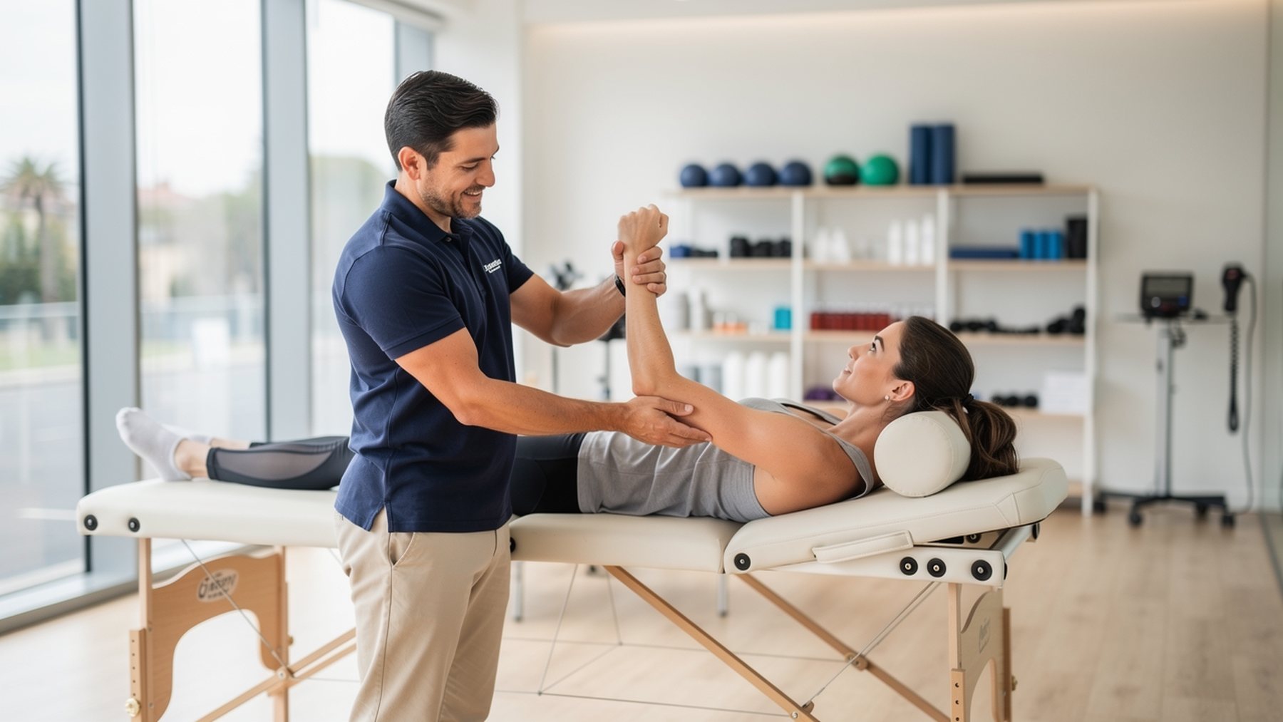 A physiotherapist guiding a patient through a shoulder exercise on the treatment table