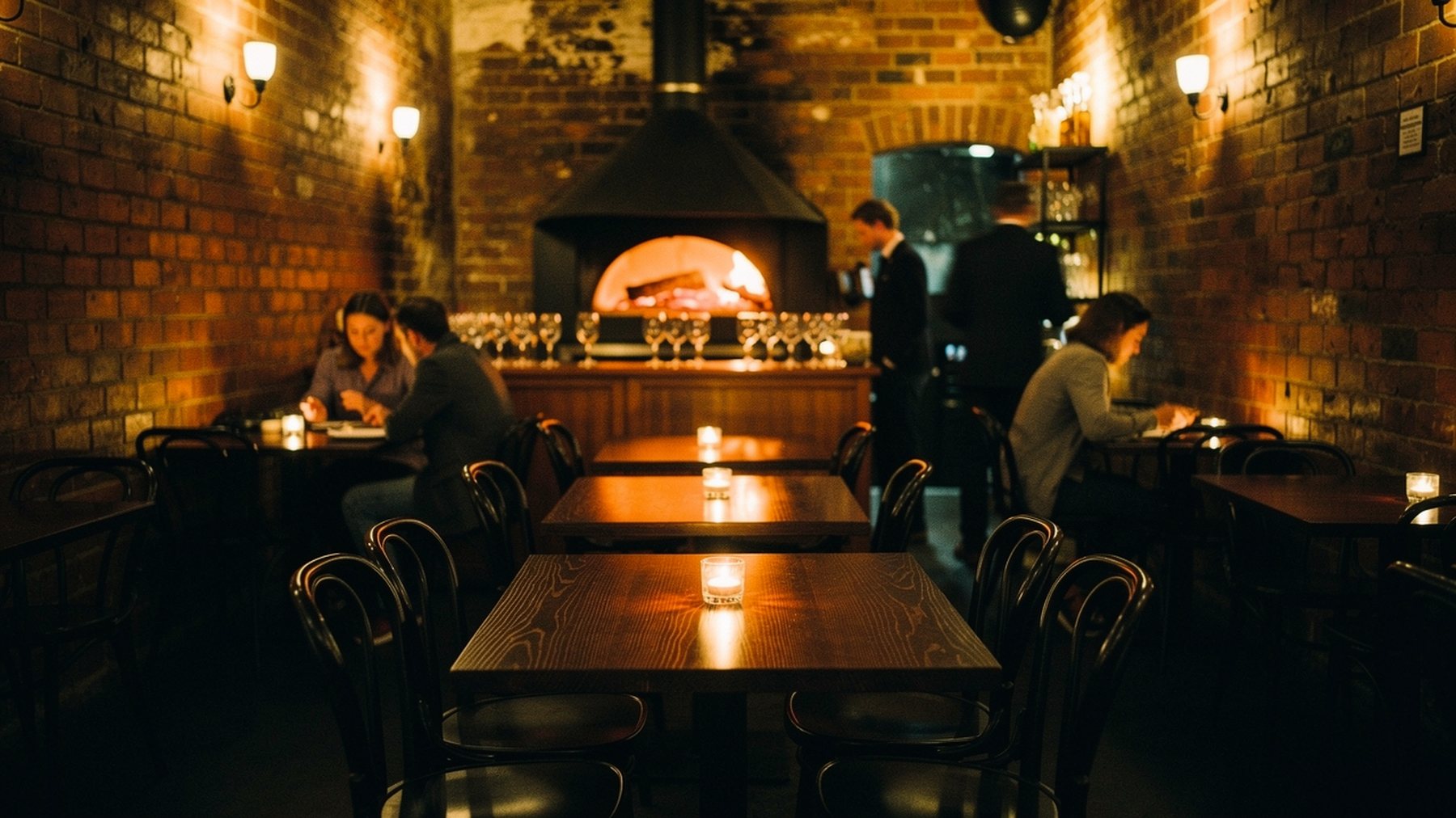 The dining room at Verano at night, the wood oven glowing at the back